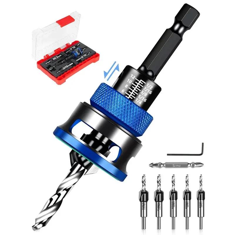 A02F-Drill Bit Set Adjustable Depth Stopper Counter Sink Drill Bit For Wood