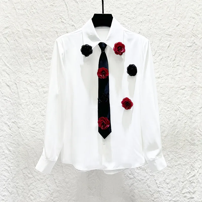 Luxury 3D Flower Tie Long Sleeved Shirt Men's Fashion Loose Casual Shirt Social Banquet Party Nightclub Shirts Stage Performance