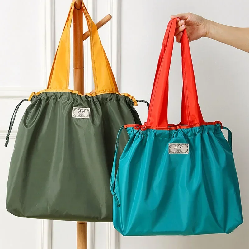 Bolso de hombro plegable ecológico para mujer, bolsa de compras reutilizable de gran capacidad con cierre de cordón