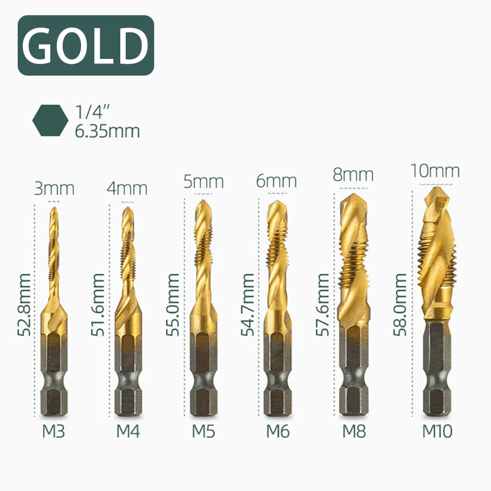 Jeu de forets et de tarauds HSS 6 pièces outil de taraudage plaqué titane en acier rapide pour le perçage du taraud à vis pour le travail du métal et du bois M3-M10