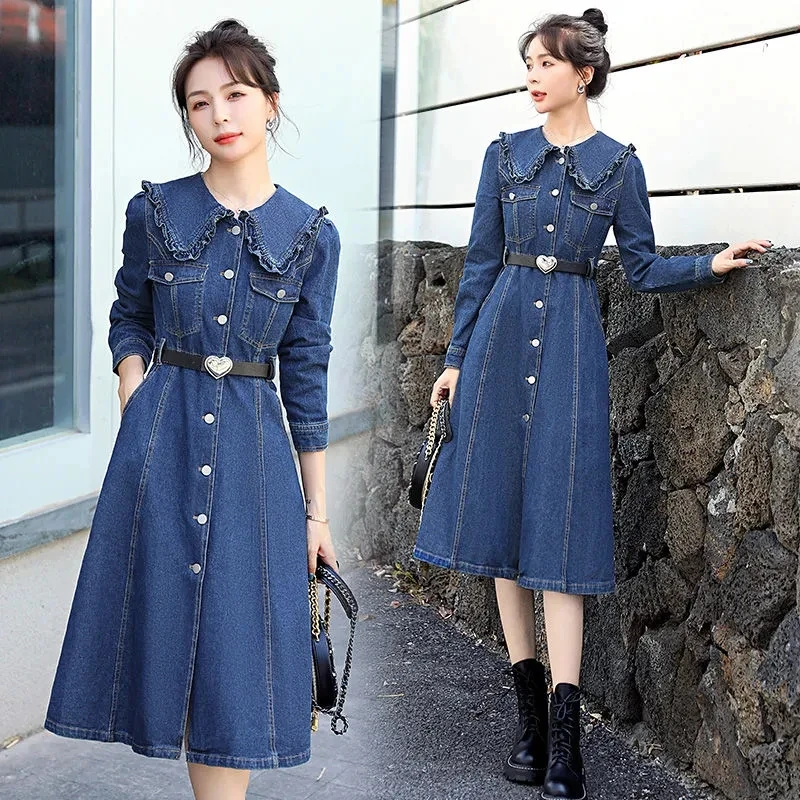 

Fashion Denim Dress Women 2023 Autumn New Bomber Street Jeans Dress Female Medium Long French Waist Slim Doll Collar Denim Dress