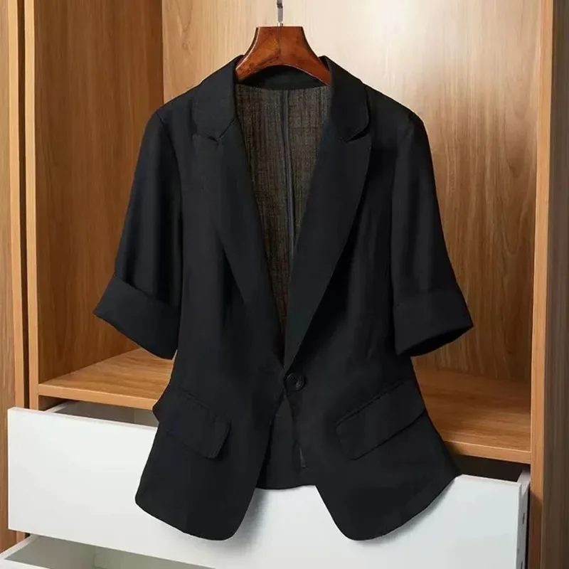 2025 Female Leisure Thin Style Short Sleeved Small Blazer Jacket Korean Summer New Solid Color Short Sleeved Small Suit Top Coat