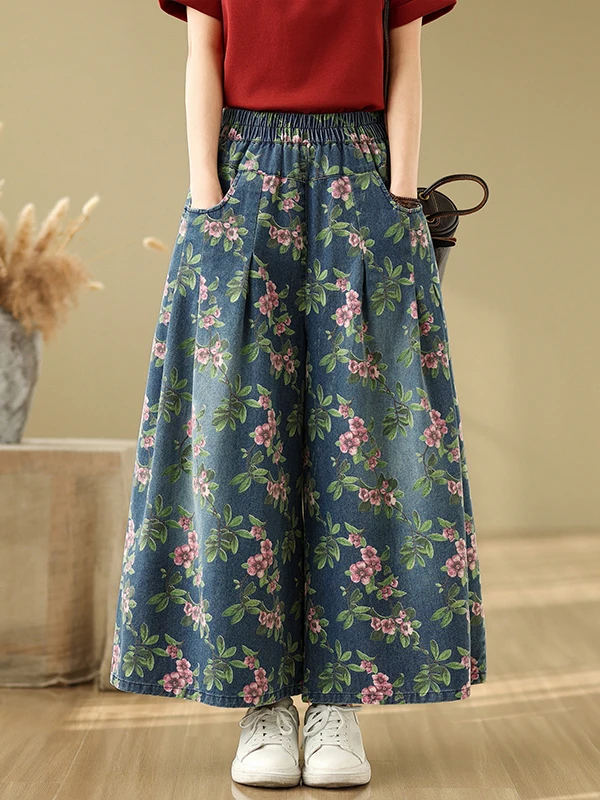 الربيع الصيف رقيقة الأزهار طباعة Waed الدنيم عالية الخصر ضئيلة واسعة الساق عارضة السراويل ل زائد حجم المرأة العصرية تنورة الجينز #2