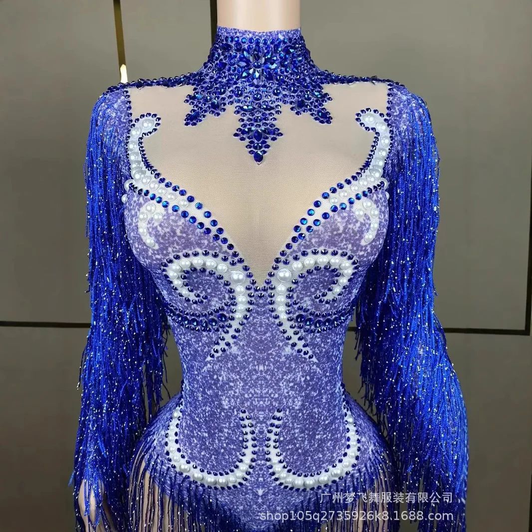Women Sexy Mesh Performance Dance Dress Nightclub Singer Dancer Stage Costume Shiny Rhinestone Long Sleeve Tassel Jumpsuit