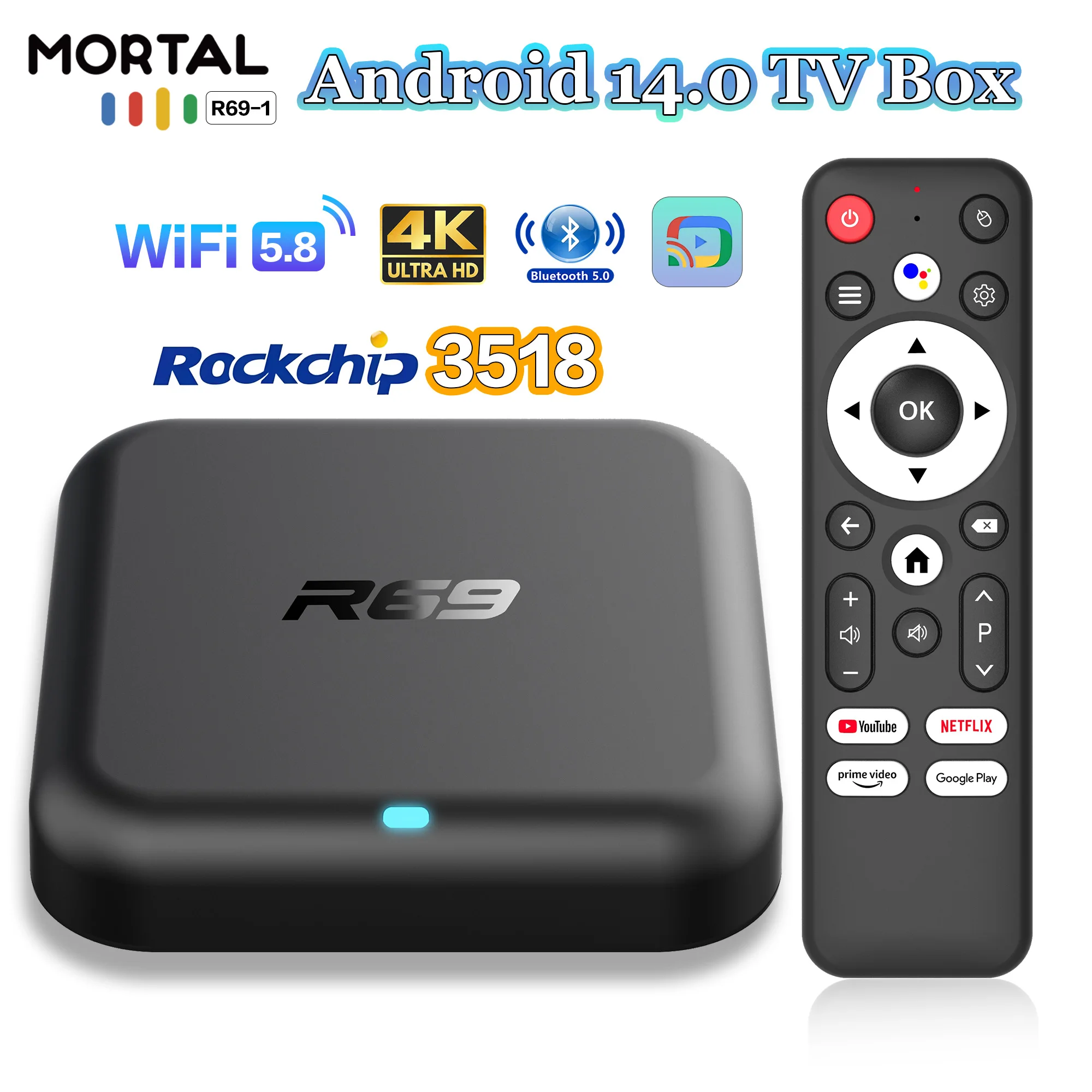 Decodificador R69-1 Android 14.0 TV Box Compatible con 4K RK3518 Bluetooth 5.0 WIFI 6 Multi Idioma Smart TV BOX