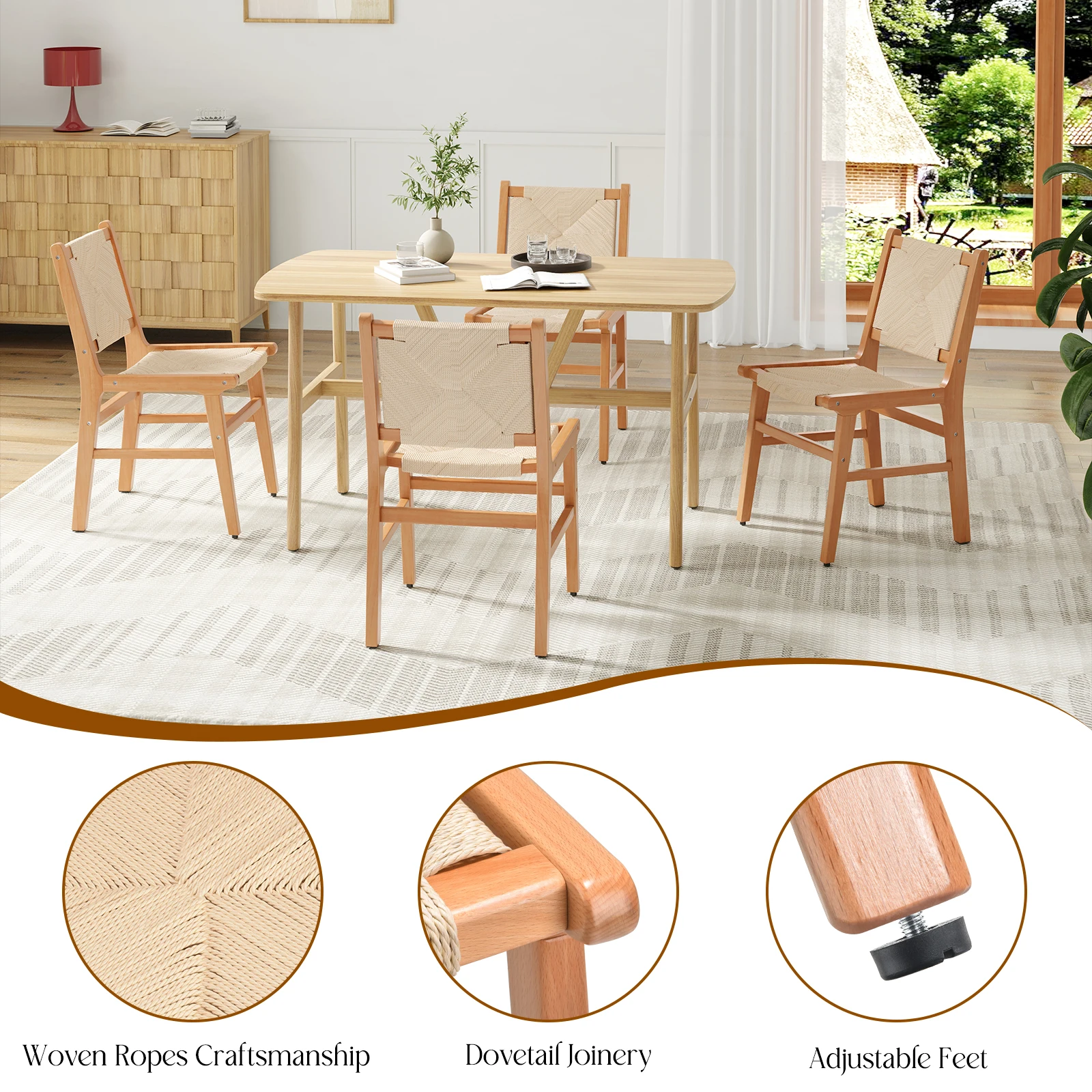 Farini Set of 2 Natural Wood Frame Cream Rope Dining Chairs – Stylish Modern Kitchen & Dining Room Seating