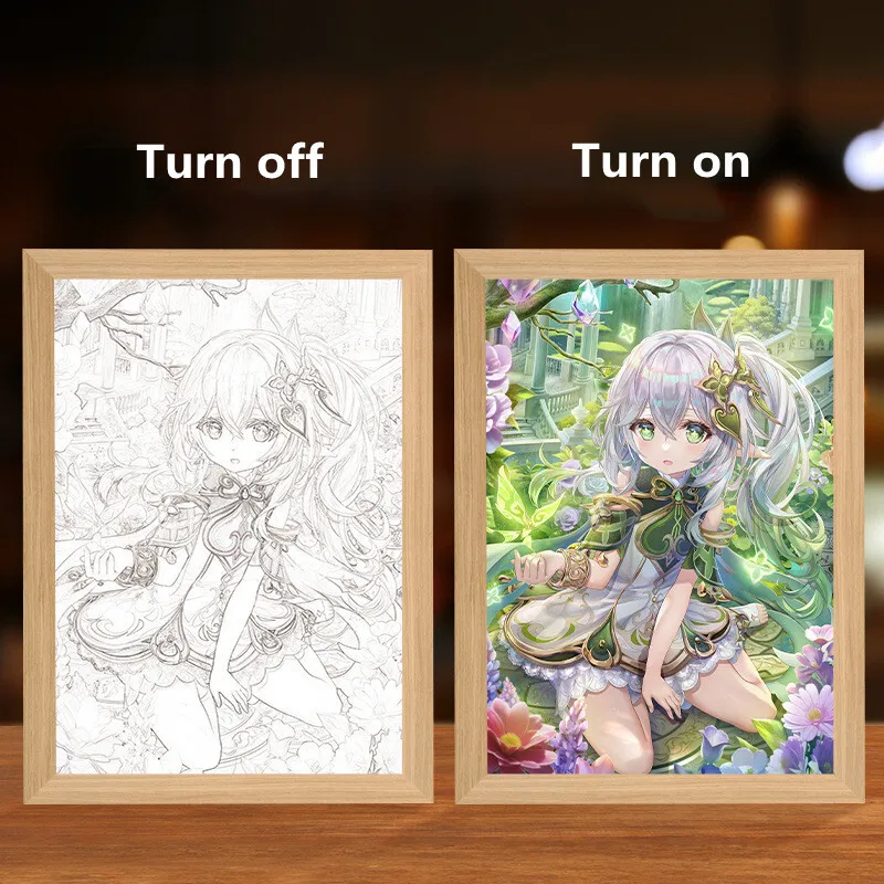 Genshin Impact Figure LED Light Painting with Frame Furina Hu Tao Wanderer Anime Poster Wall Art Room Decor Desk Night Lamp
