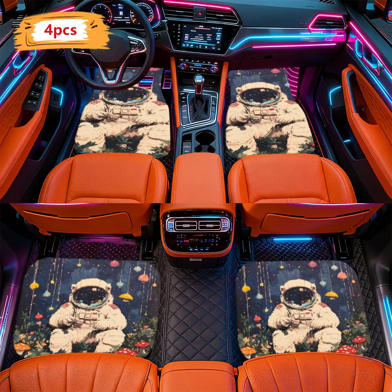 2D Flat, 4pcs Modern Minimalist Car Floor Mats With Space Astronaut And Fantasy Elements - Compatible With Multiple Car Models,