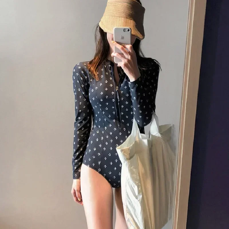 2024 Sexy Swimsuit Long Sleeve Sunscreen Diving Suit Slim Belly Covering One-Piece Swimming Suit