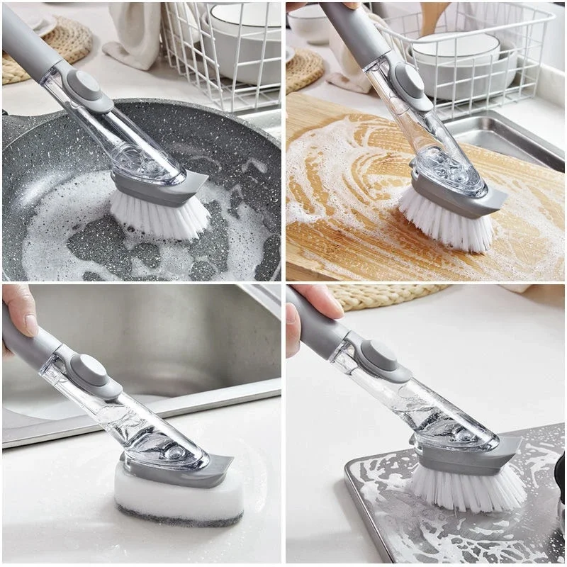 Kitchen Cleaning Brush 2-In-1 Long Handle Detachable Brush Refillable Liquid Kitchen Dishwasher Pot Washer Brush Kitchen Tools