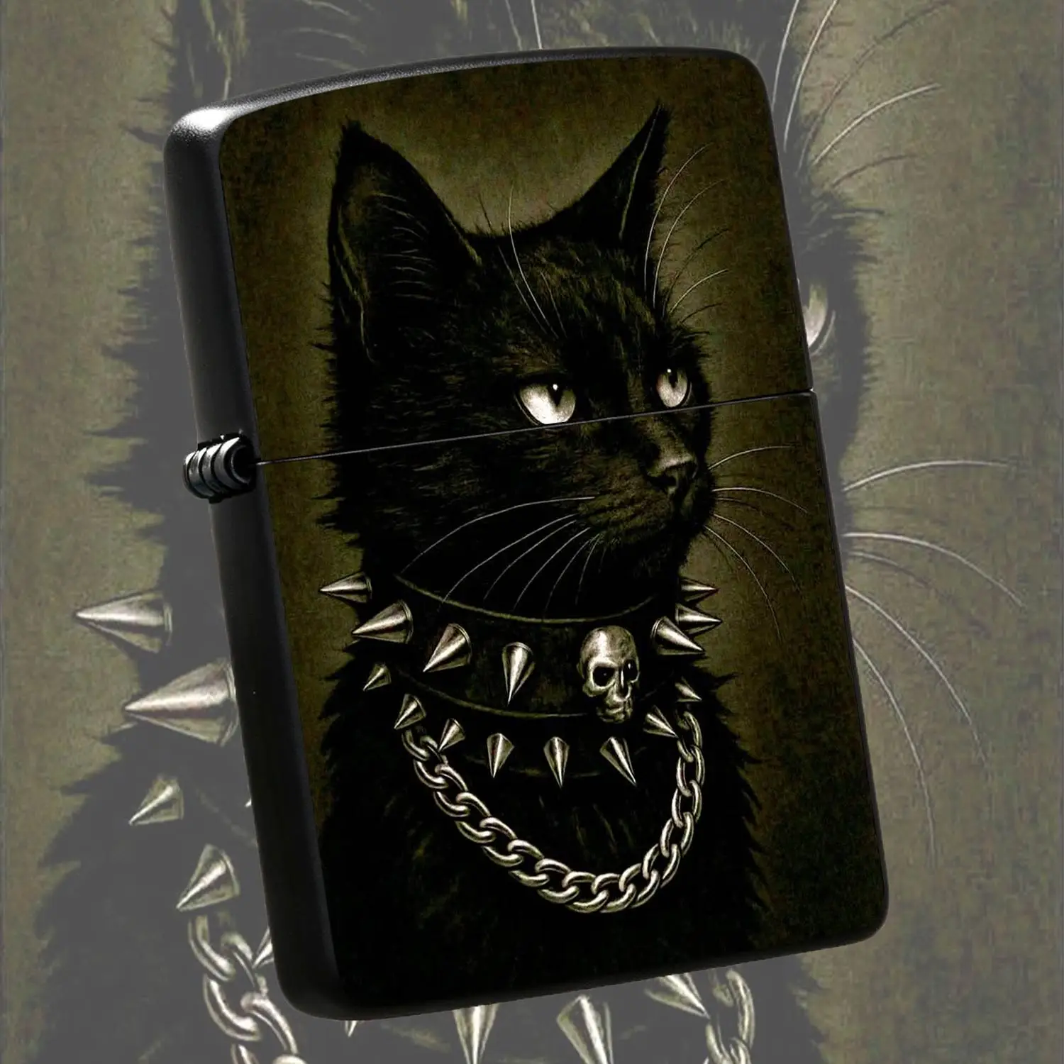 Punk Spiked Collar Black Cat Print Lighter Cool Dark Aesthetic Portable Igniter Unique Gothic Style Decor Accessory Stylish Everyday Carry Gift For Friends Appreciating Edgy Subculture Vibe A Humorous And Interesting Lighter