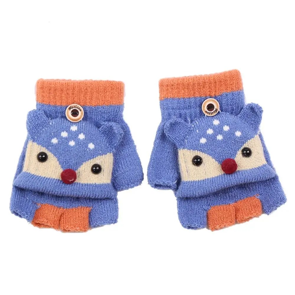 3-6 Years Thicken Kids Knitted Gloves Plus Velvet Warm Winter Warm Mittens Flip-Open Cartoon Fingerless Gloves for Baby Kids