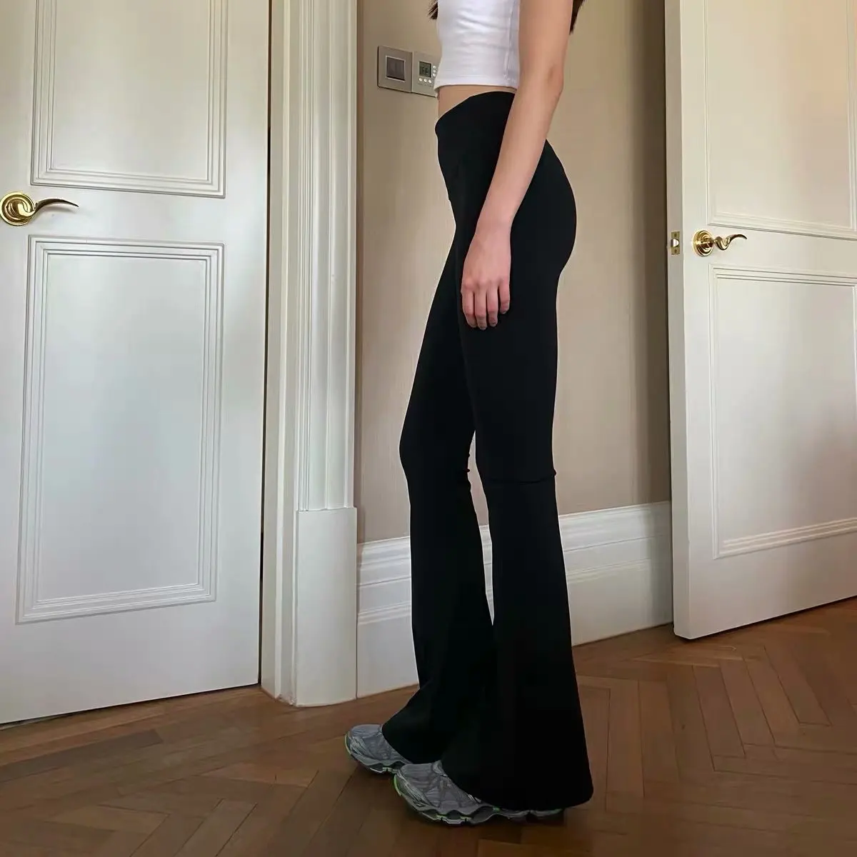 

High Waist Black Bell Bottom Pants Women's Stretchy Long Trousers Autumn Winter New Style Casual Pants Floor Length