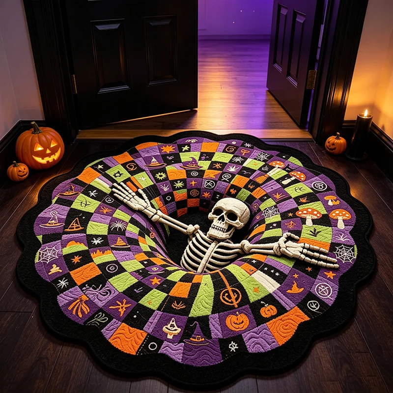 Halloween Skull Swirl Optical Illusion Round Rug Visual Trap Funny Checkered Floor Mat Festive Decor Carpet for Living Room