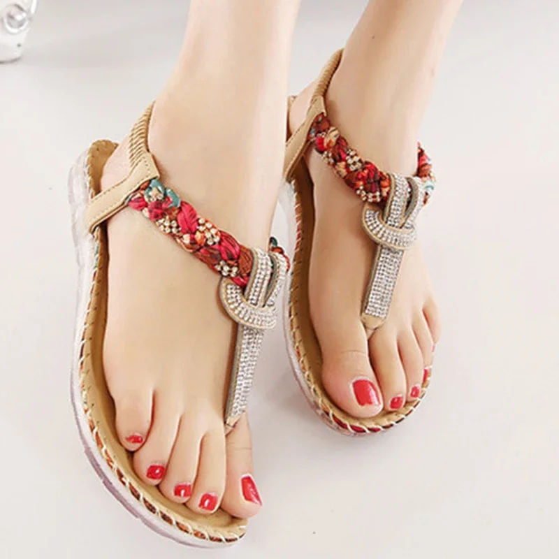 YAERNI Flat shoes Women new summer national wind sandals Bohemian diamond big size shoes beach shoes Flip-Flops BT538