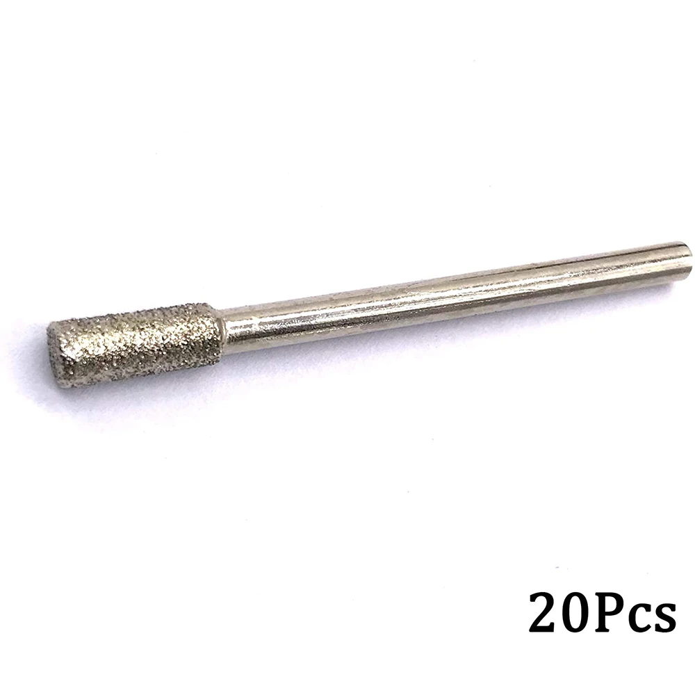 20 pçs diamante moagem bits 4mm cabeça de cilindro moagem bit rotativo diamante rebarbas conjunto para a maioria das ferramentas rotativas moedor bit