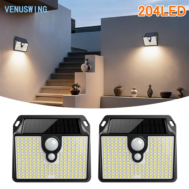 Lampada da parete solare con 204 LED, estremamente luminosa, per esterni