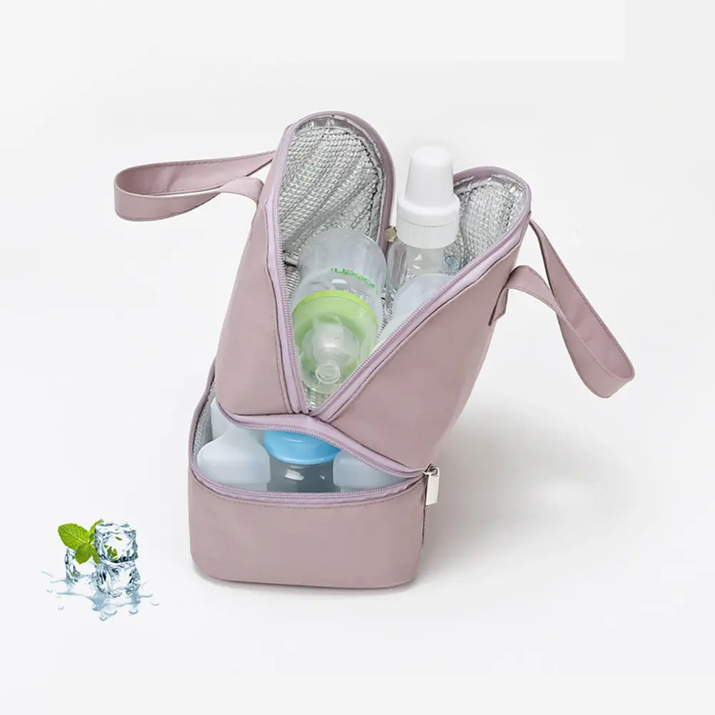 1Pcs Breast Milk Storage Bag Polyester Purple Baby Bottle Organizer Double Layer Fresh Keeping Tote Portable for Travel Outdoor
