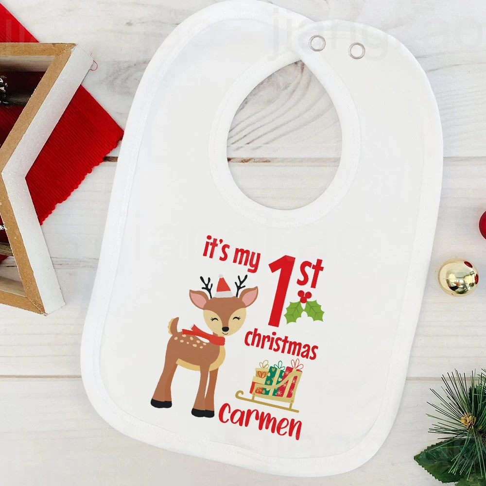 Personalized Baby Bib Bibs Custom Name Christmas Party Newborn Cotton Saliva Towel Deer Santa Snowman Print Bib Infant Xmas Gift