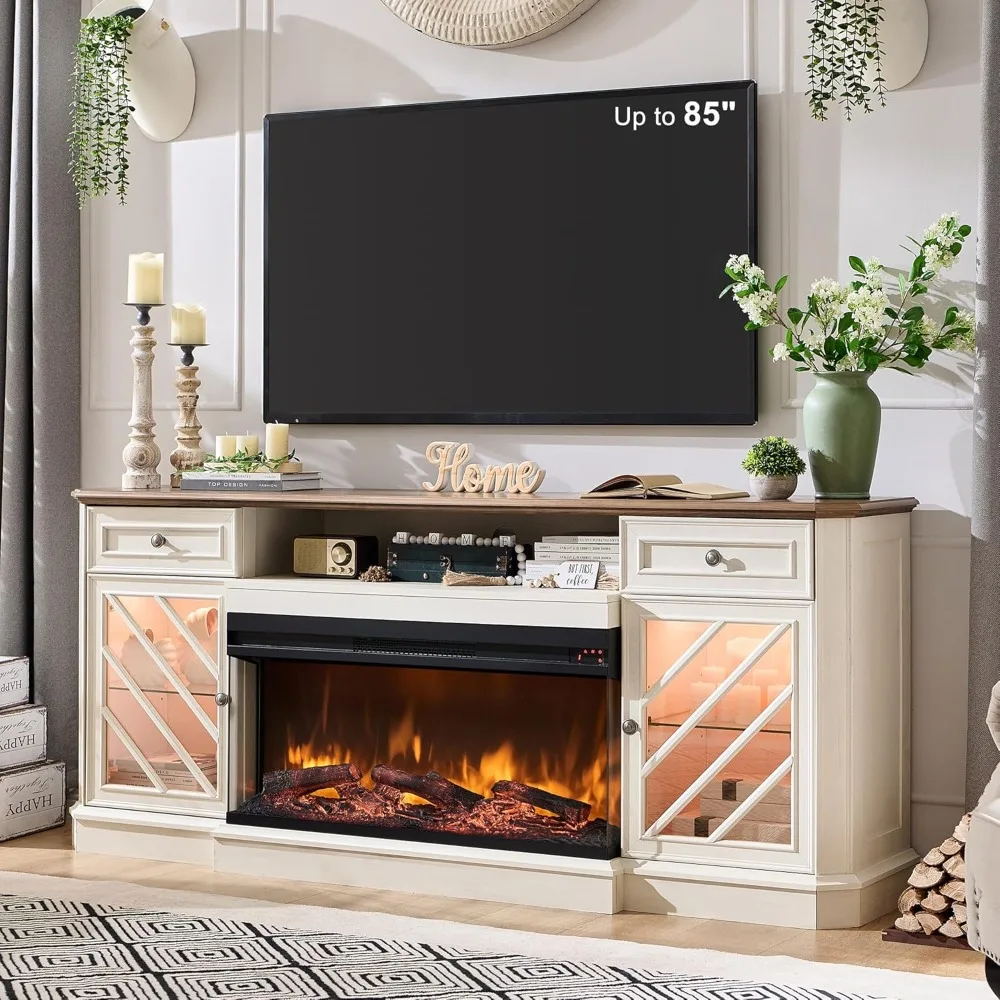 Soporte para TV con chimenea eléctrica de 3 caras de 75 pulgadas para televisores de hasta 85', centro de entretenimiento moderno Highboy con chimenea y LED de 36"