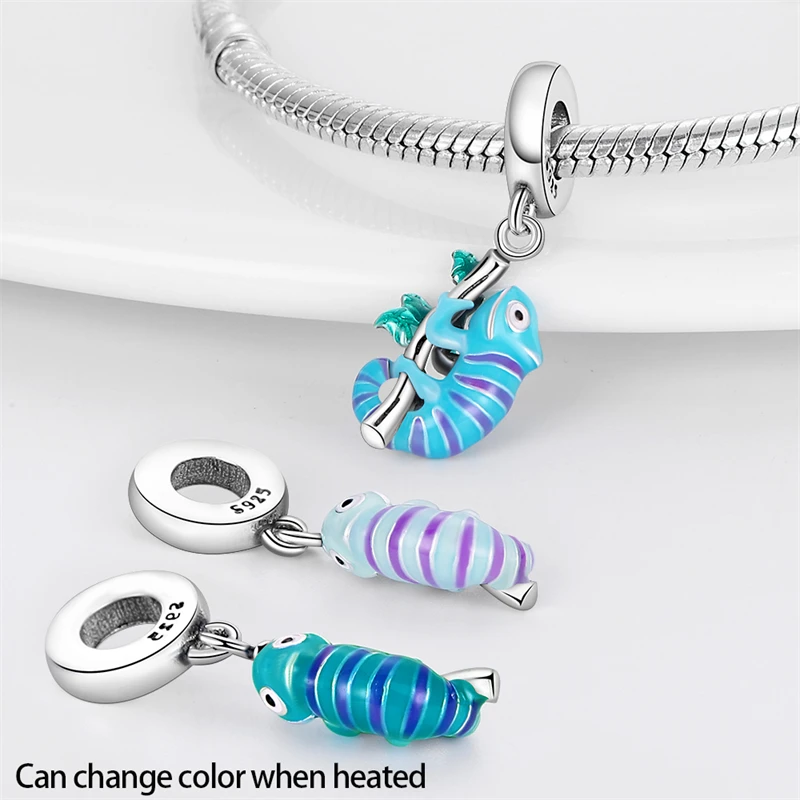 Original 925 Sterling Silver Charm Beads Hot Air Balloon Luggage Chameleon Charms Pendant For Women DIY Birthday Jewelry Gifts image 4