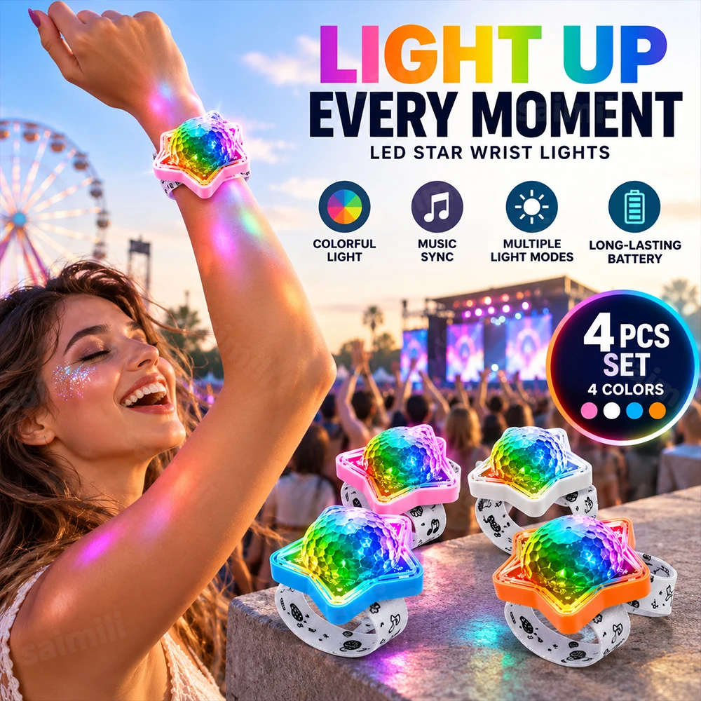 4PCS Portable Wearable RGB Star Disco Wrist Light Sound‑Activated Rechargeable Party Projection Lamp 360° Rotatable Night Light