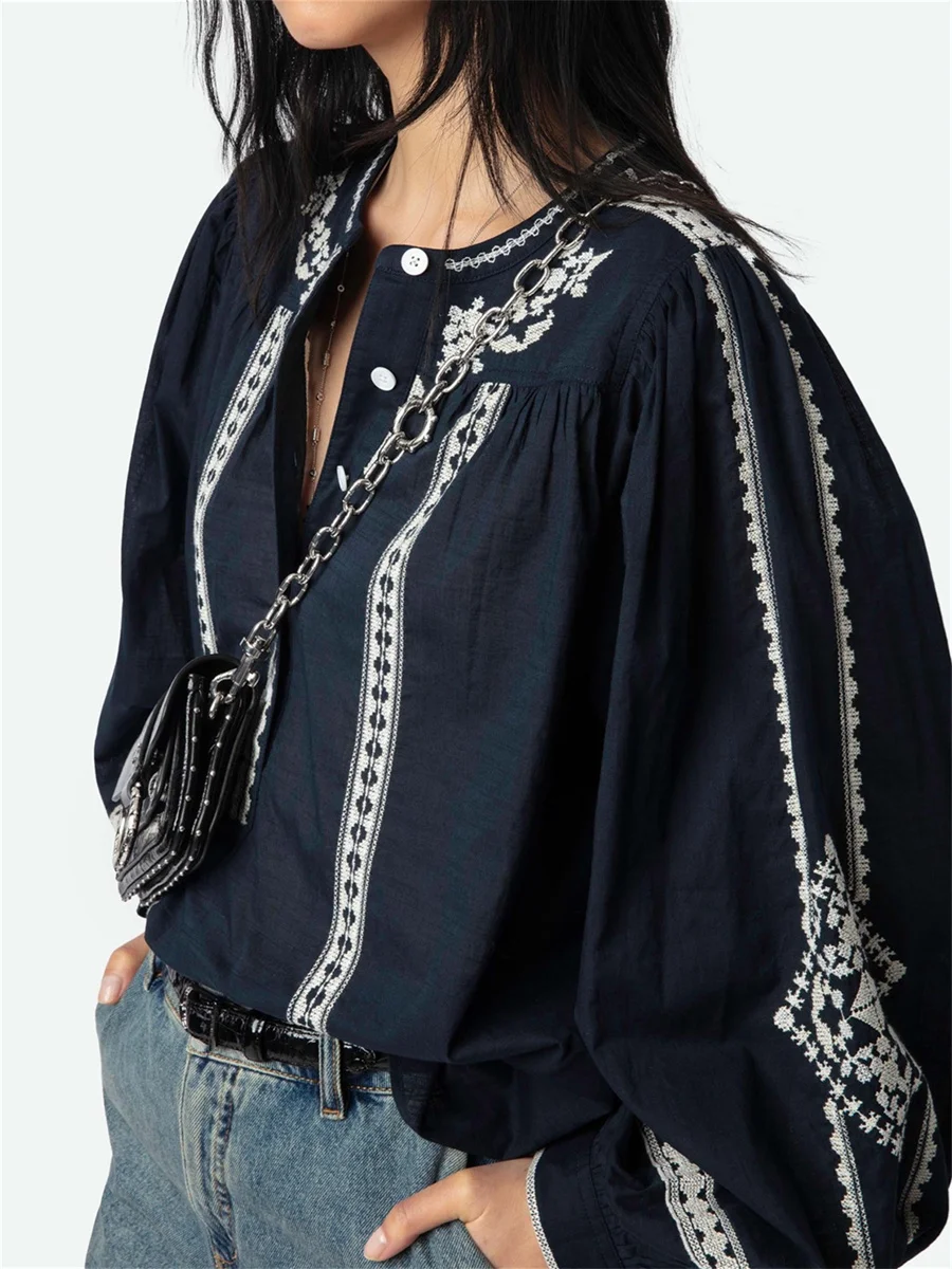 100% Cotton Women Single Breasted Casual Shirt Tops 2025 New Spring Splices O-Neck Vintage Shirt Tops