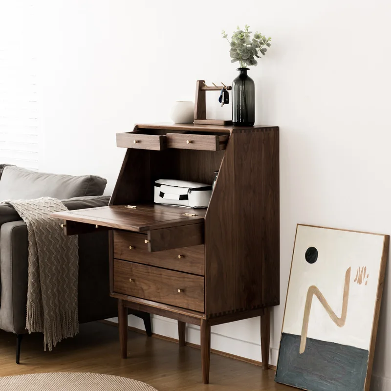 Nordic black walnut simple sofa side multi-purpose cabinet, medieval secret desk