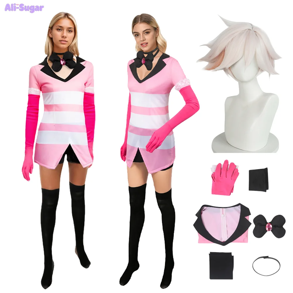 مجموعة أزياء Angel Dust التأثيرية باللون الوردي مع قفازات خيالية وربطة عنق كرتونية Hell Inn إكسسوارات تنكرية شعر مستعار للنساء في الهالوين #1