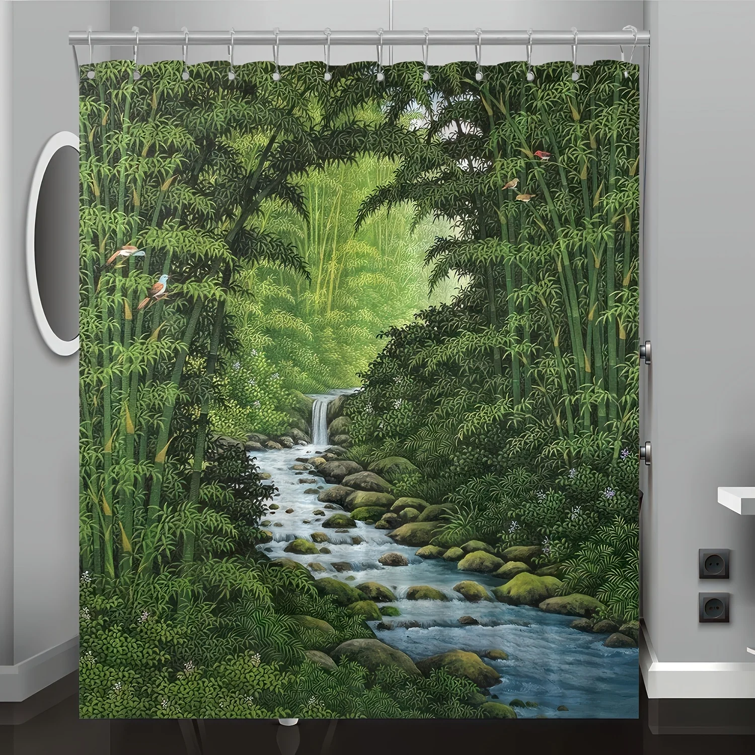 

1 шт. бамбуковая занавеска для душа с лесным и речным пейзажем — яркий зеленый природный дизайн с водопадом и птицами, полиэстер, который можно стирать в машине