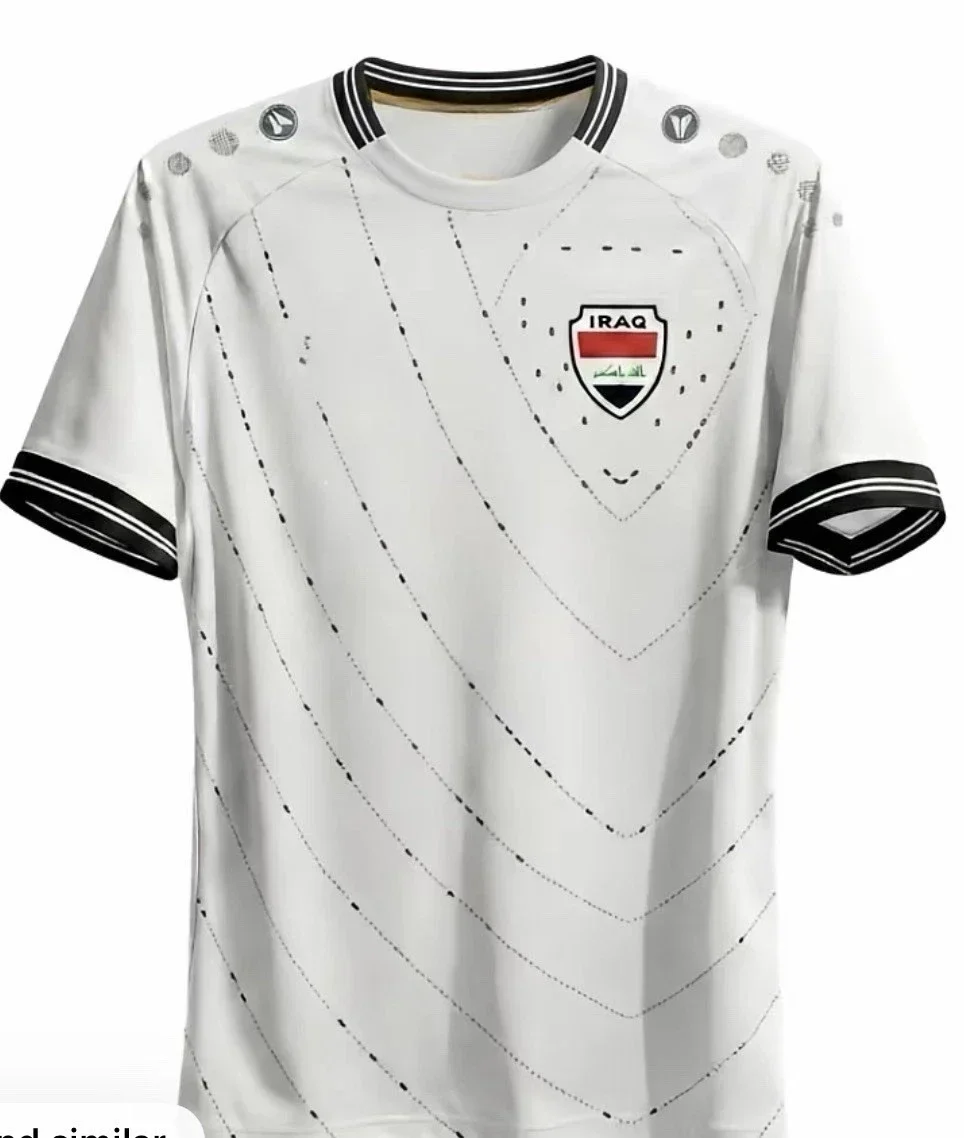 Iraq Style  Away Football Jersey, White Black Trim Dotted Graphic Soccer Shirt, Lightweight Breathable Sports Top  Men TEE Moto