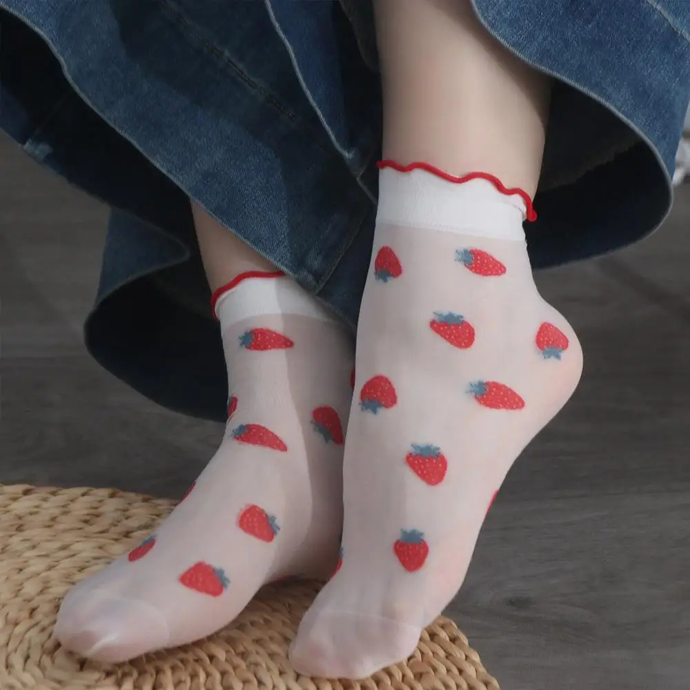 Peach Strawberry Glass Silk Ruffle Socks Avocado Cherry Transparent Flower Ruffle Socks Hosiery Ultra Thin