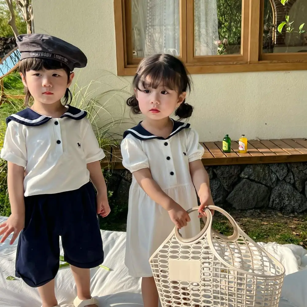 

2024 Sailor Collar Preppy Style Girl Short Sleeves Dress Sister Matching Clothes Boy Fashion Tops Shorts Boutique Two Piece Sets