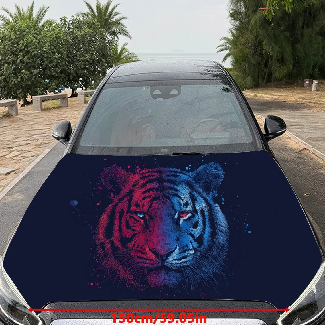 Car Decal Tiger with Red-Blue Contrast Artistic Background & Ferocious-Dual-Toned Aesthetic Car Hood Sticker, Waterproof Self -