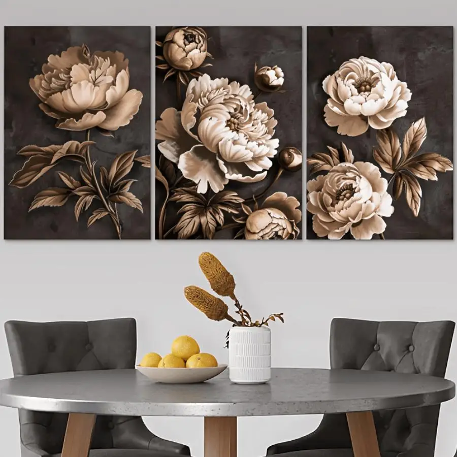 Frameless 3 Pieces Retro Sepia Tone Peony Floral Canvas Print Elegant Flower Artwork for Living Room Bedroom