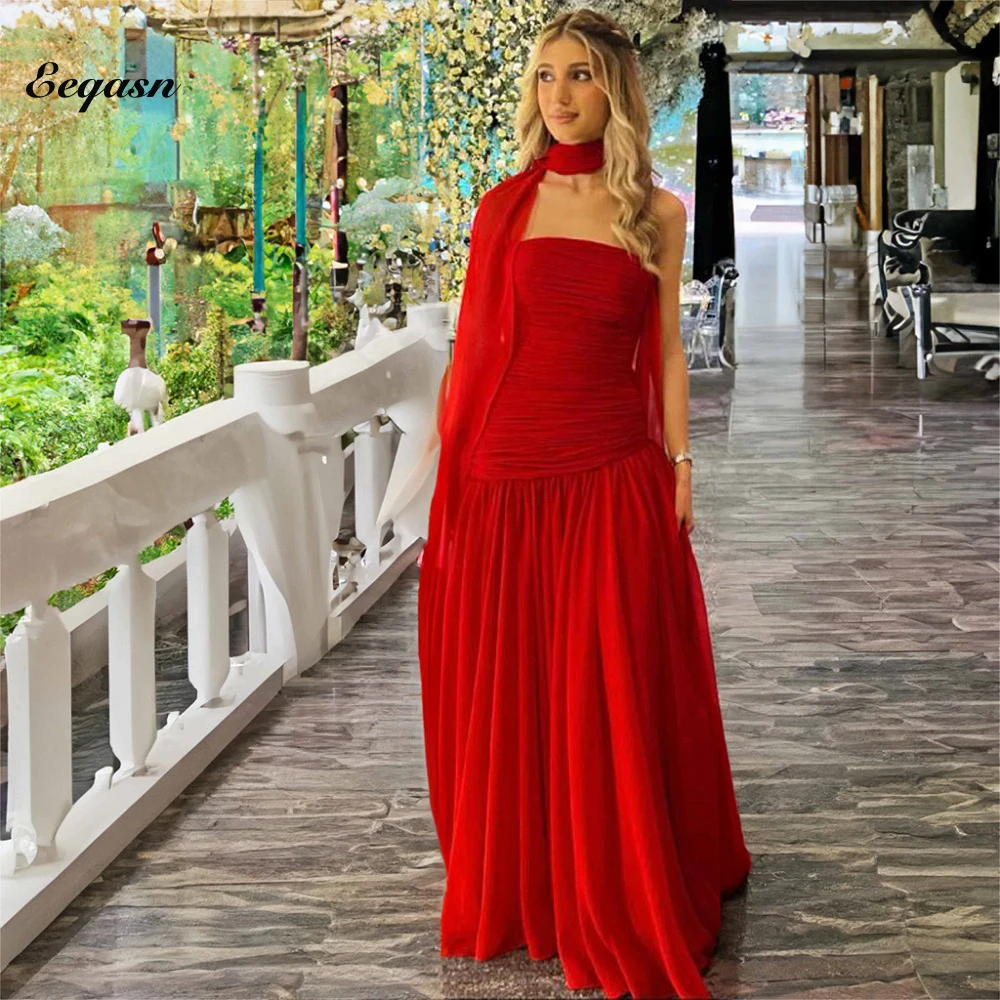 Arabic Red Chiffon Evening Dresses Strapless Shawl Long Prom Gowns Formal Occasion Party Dress Luxury Vestidos Customized