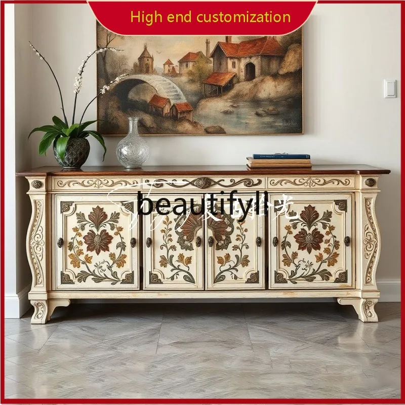 

A32 резной входной шкаф из массива дерева, окрашенный декоративный шкаф в американском стиле кантри, шкаф для хранения в гостиной