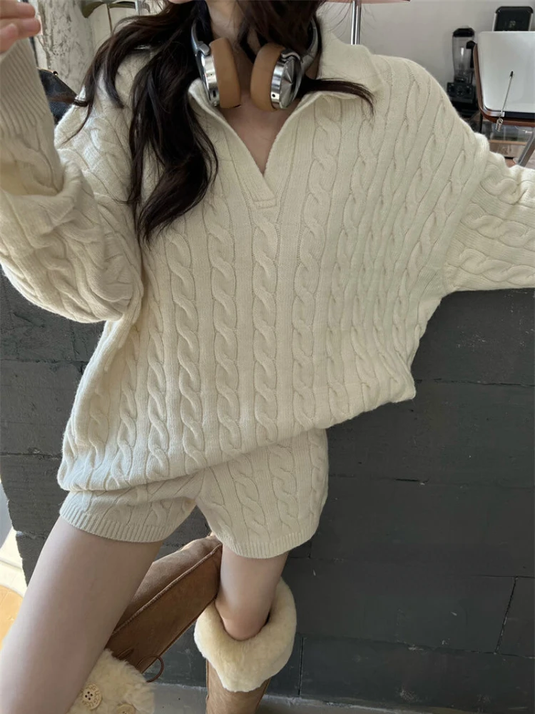 Autumn Winter Korean Style Premium Knitted 2 Piece Set Casual Loose Polo Neck Sweater Tops + Y2k Shorts Pure Color Women Outfits