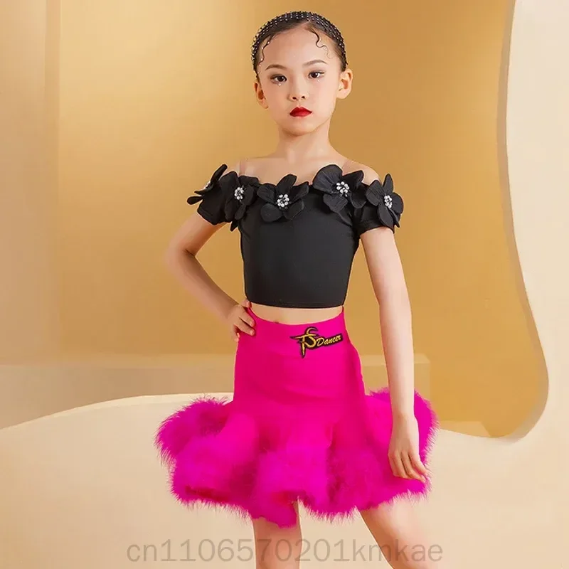 新しい社交ダンスプロの衣装女の子黒ラテントップフェザースカート子供チャチャサンバサルサダンスドレス