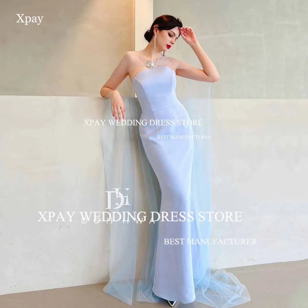 

XPAY Strapless Mermaid Evening Dresses With Cape Sleeveless Beading Formal Party Gown Backless Special Occasion Prom Gown