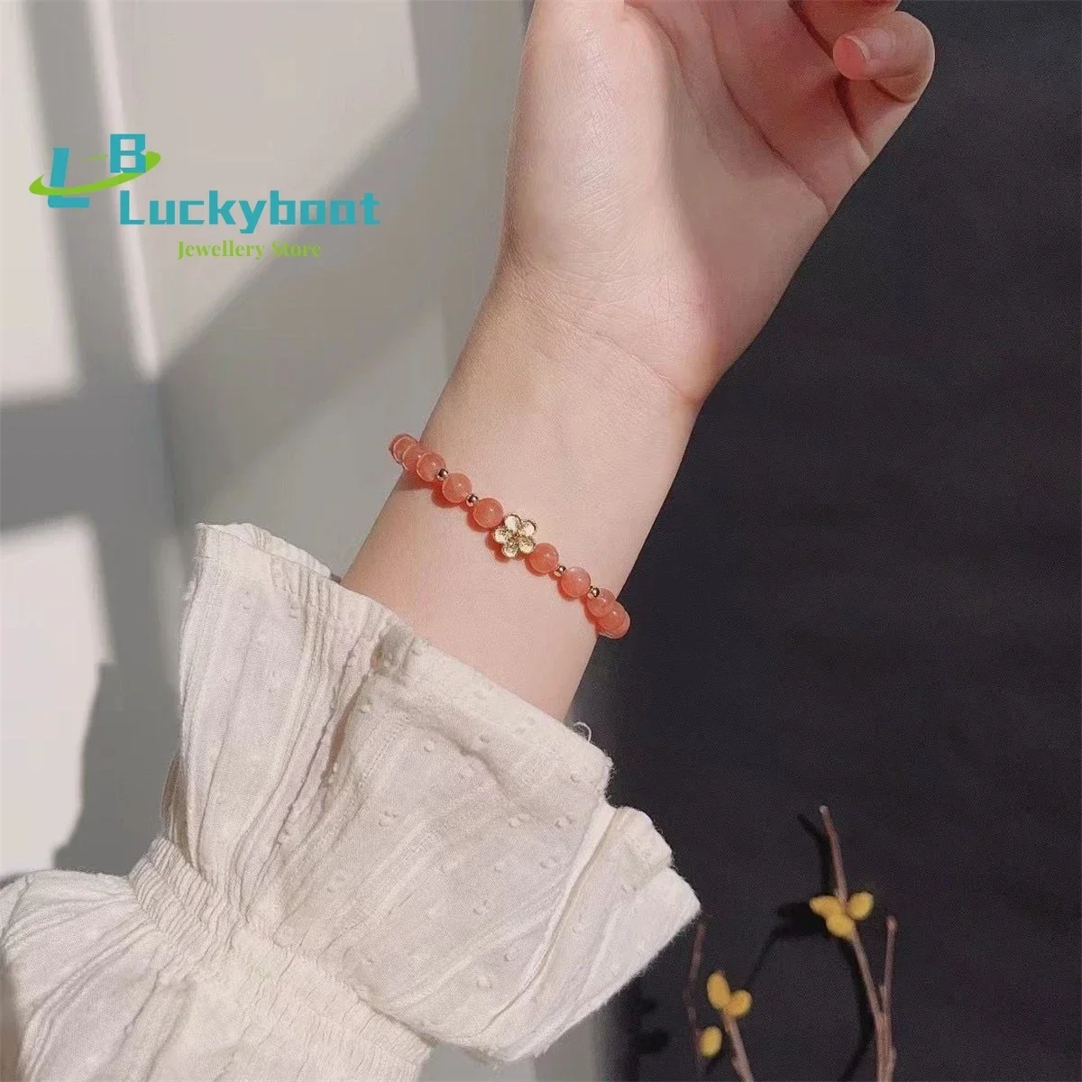 Natural Crystal Simple Peach Blossom Orange Moonstone Hand String Women's Golden Sun Stone Little Girls' Bracelet Charm Jewelry