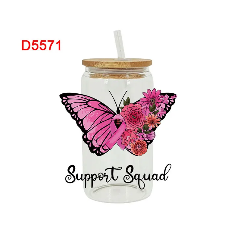 Caring For Breast Cancer UV DTF Cup Wrap Transfers Stickers Waterproof 16oz Glass Wrap D5564