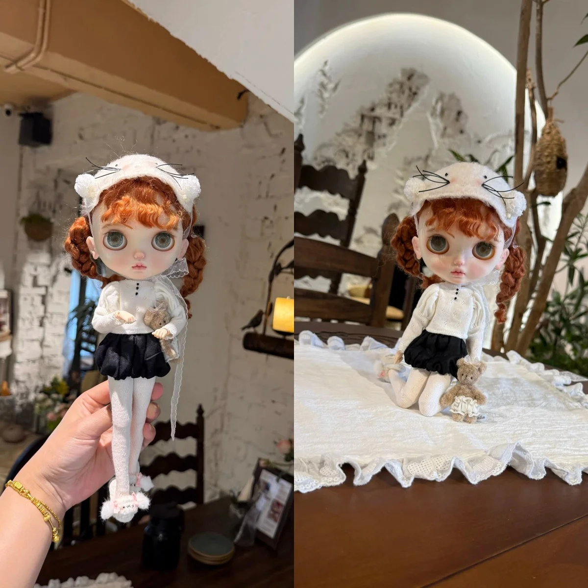 ICY DBS ブライス人形服かわいい猫ヘッドドレス + ファッションニットトップ + ショートスカート + 白い靴下セット 19 関節 OB24 アゾン人形ドレスアップ