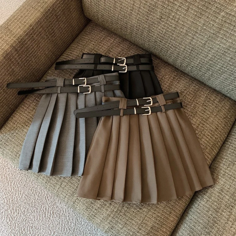 

Double Belt Mini Skirt Women Fashion Jk Preppy Black High Waist Pleated Skirts Streetwear Korean Casual All Match A Line Faldas