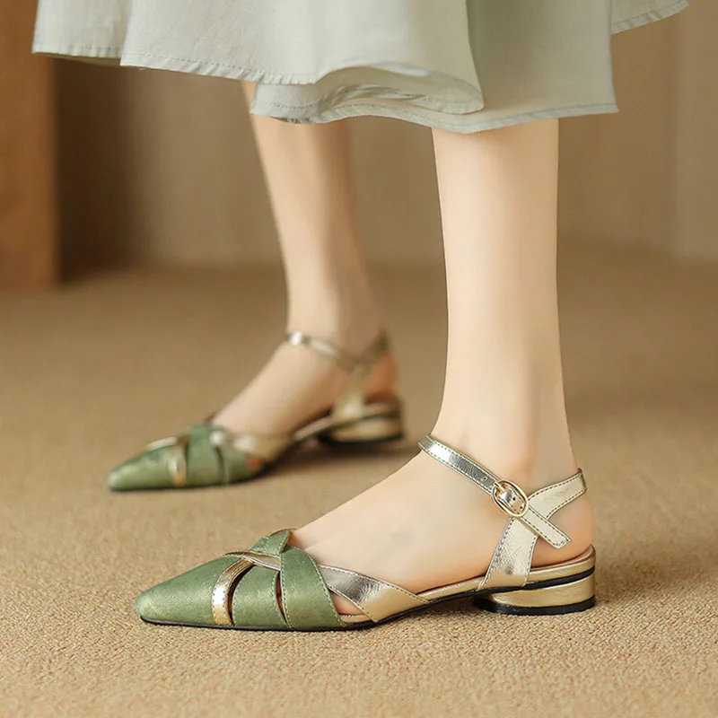 Phoentin Elegant Woman Sandals 2024 Summer Low Heeled Hollow Out Pointed Toe Ankle Strap Shoes Mixed Colors Plus Size FT3392