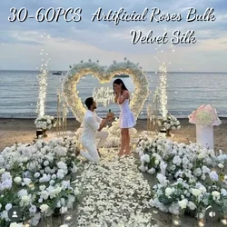 30-60PCS Artificial Roses Bulk Velvet Silk White Roses Burgundy Red Roses MARRY ME for Beach Wedding Chair Decor 20in