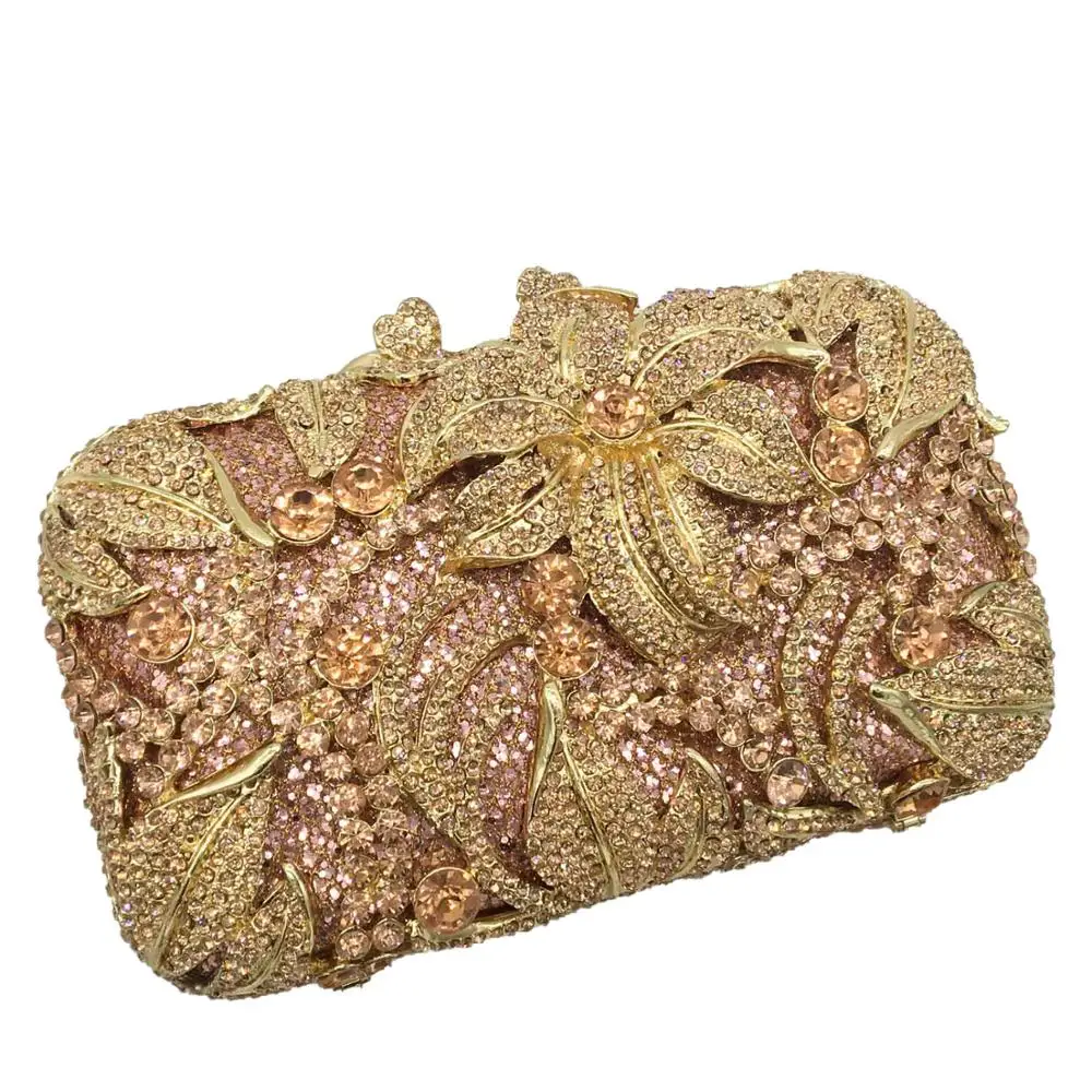 Boutique De FGG Women Champagne Evening Purses and Handbags Wedding Party Dinner Crystal Flower Clutch Bags Minaudiere Bag