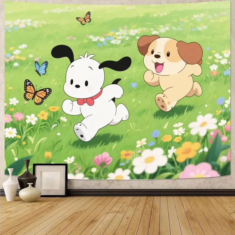 

1 шт., милые мультяшные собаки, бегущие в цветочном поле, полиэстеровый гобелен. Настенное искусство Kawaii для детей, спальни, гостиной, декор, подарок.