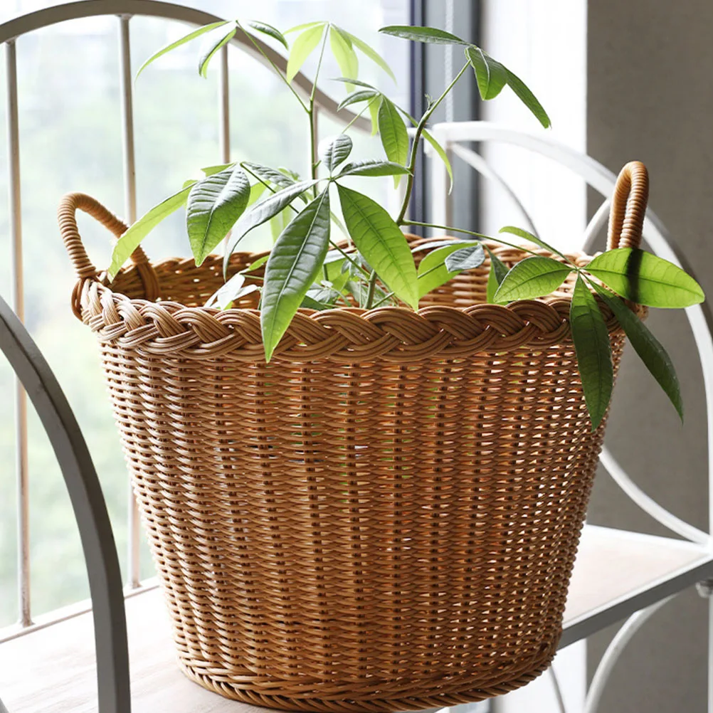 

Imitation Rattan Woven Laundry Basket Shallow Brown Large Hamper Portable Handle Storage Dirty Clothes Baskets Home Use