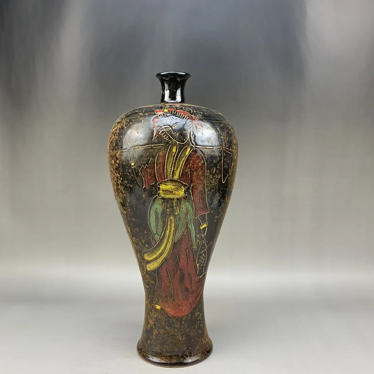 Song Ding Kiln Black Gold Maid Picture Plum Vase Old Goods Antique Porcelain Decoration
